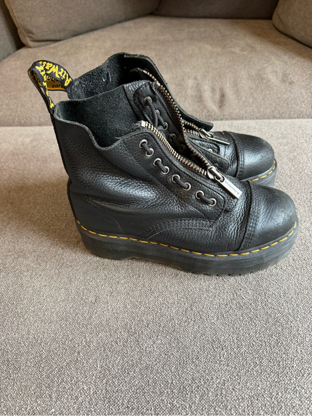 Dr. Martens Kids Black Leather Platform Ankle Boots with Yellow Stitching